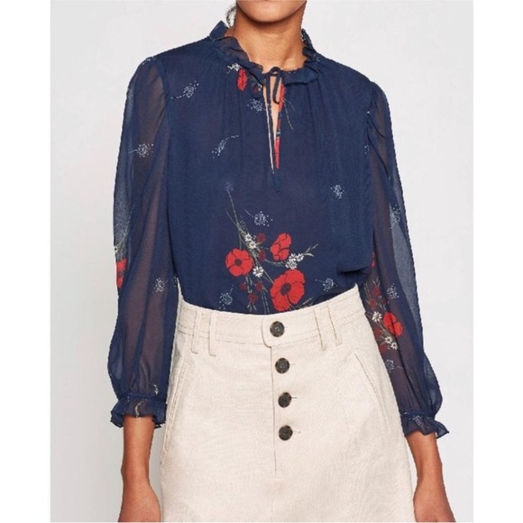 Joie Rafaella Floral 100% Silk Chiffon Blouse In Blue Size M - Picture 3 of 9